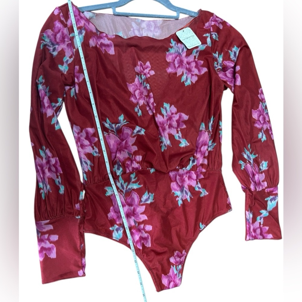 Free People Womens Size Small Bodysuit Cherry Red Printed Floral lace lined NWT - Picture 13 of 15